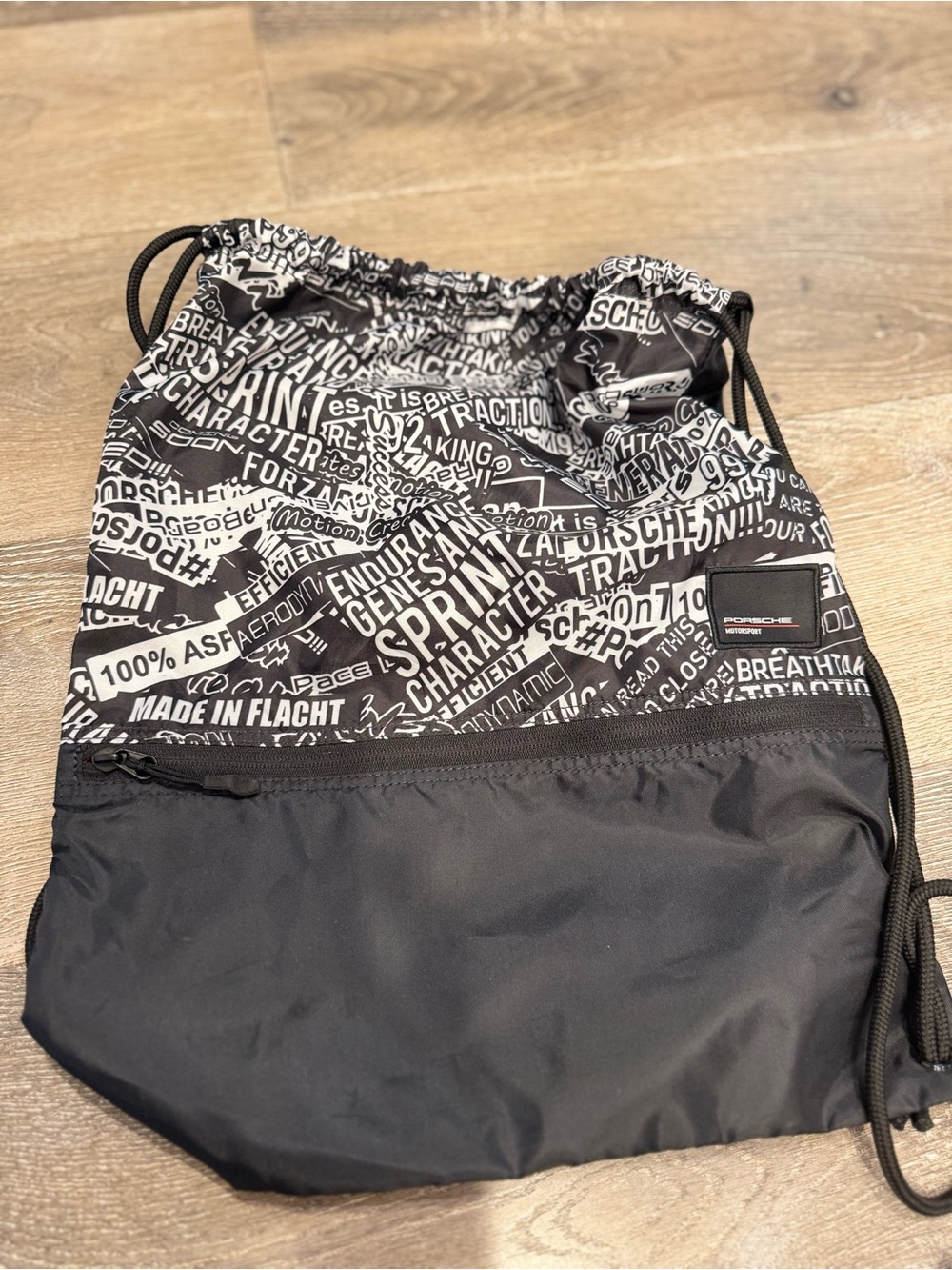 Official Porsche Motorsport Unisex Gym Bag Drawstring Pull Bag Black White NWOT